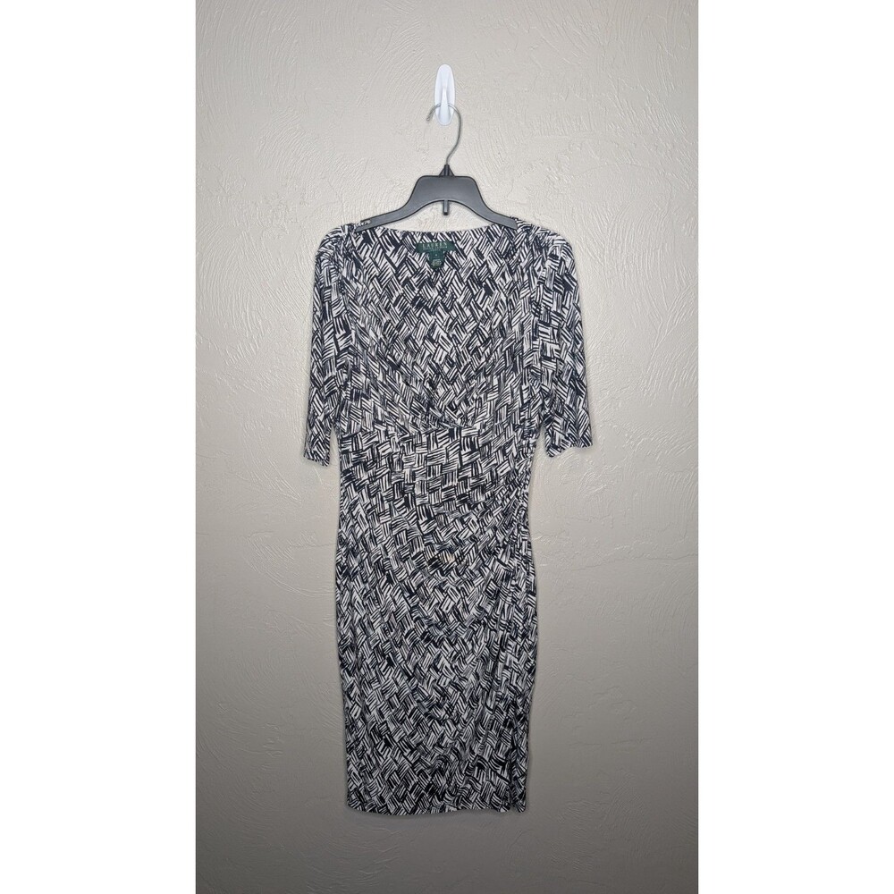 Lauren Ralph Lauren Womens 4 Blue White Side Ruched V-Neck Fitted Dress